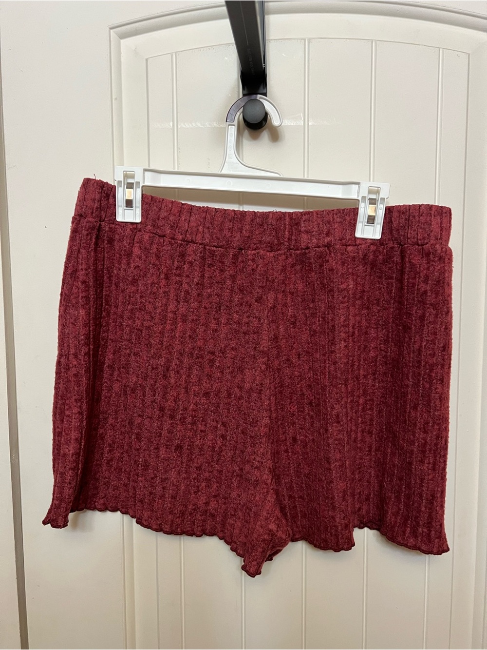 Women's Ribbed Knit Lounge Set Shorts and Long Sleeve Top Burgundy XL